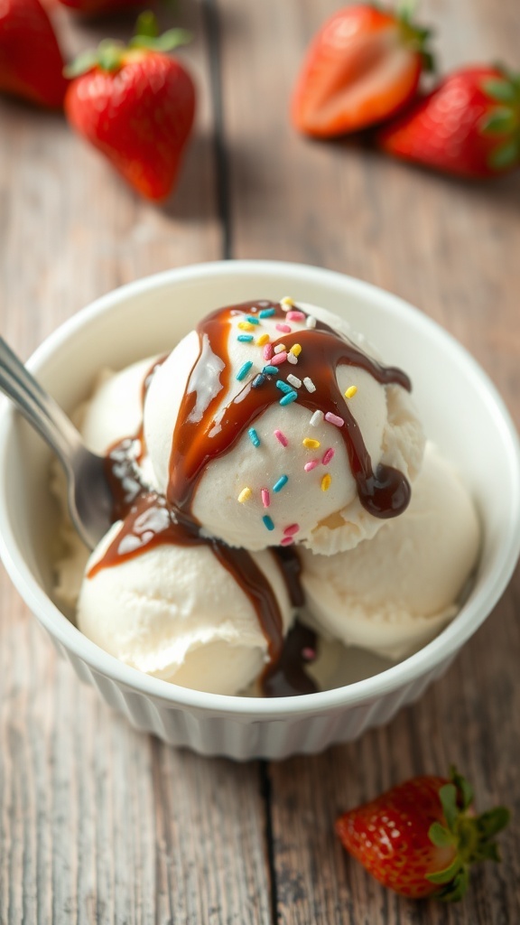 A bowl of vanilla ice cream with chocolate sauce and sprinkles on a wooden table.